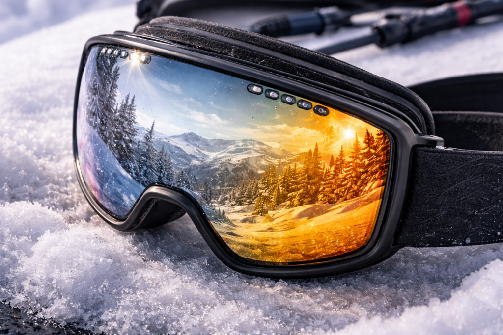 Detalle de lente de gafas de esquí para ver diferencias de claridad y protección