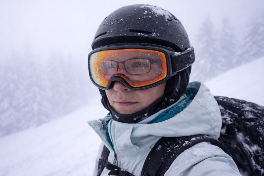 Esquiador con gafas de esquí en día de niebla y baja visibilidad